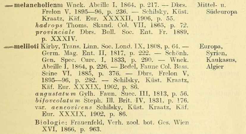 Exemplary entries from the Coleopterorum Catalogus. Valid species are printed in bold. The first citation following each name is the original description; subsequent citations refer to additional taxonomic literature.